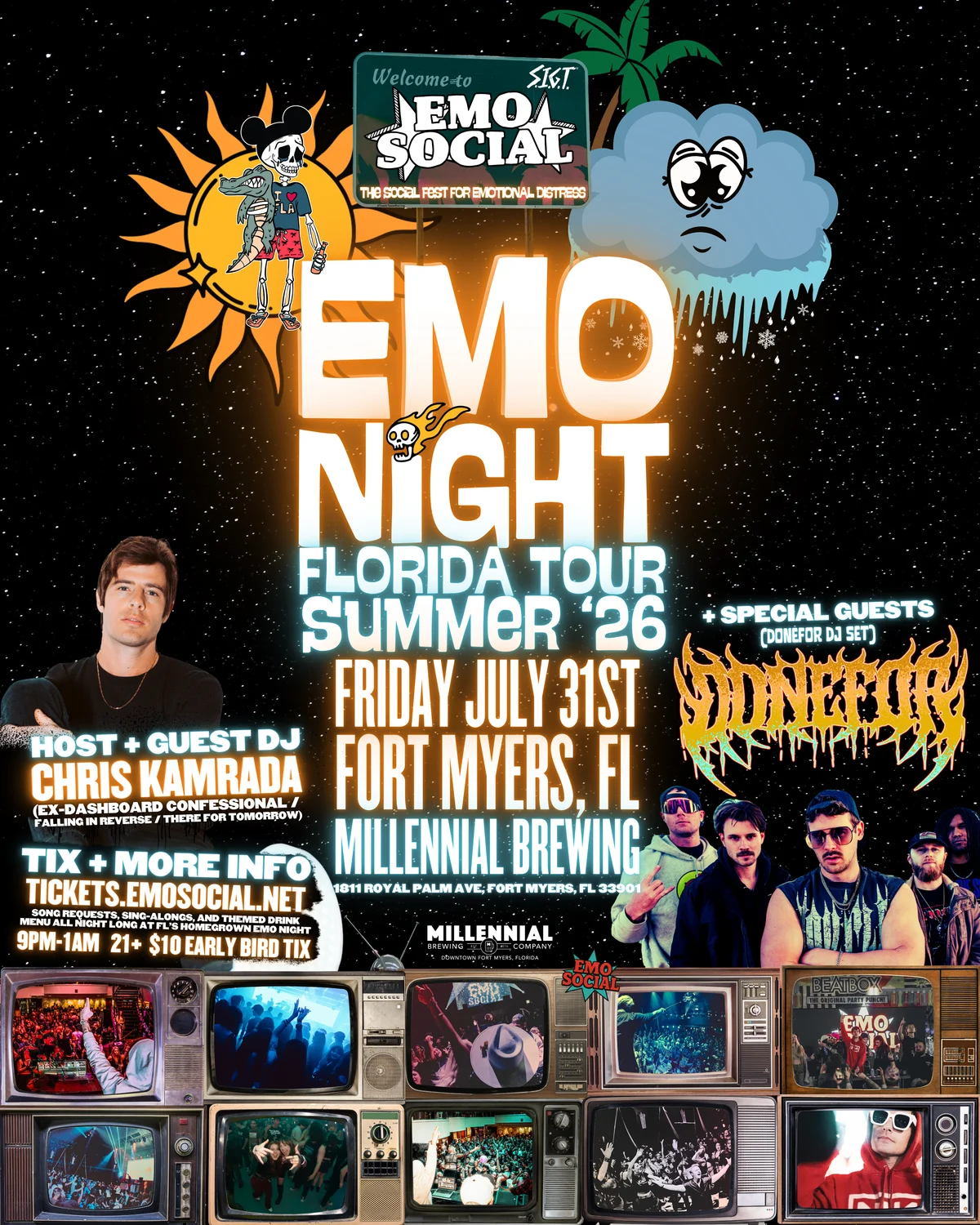 Emo Social Fort Myers flyer featuring Chris Kamrada and Done For